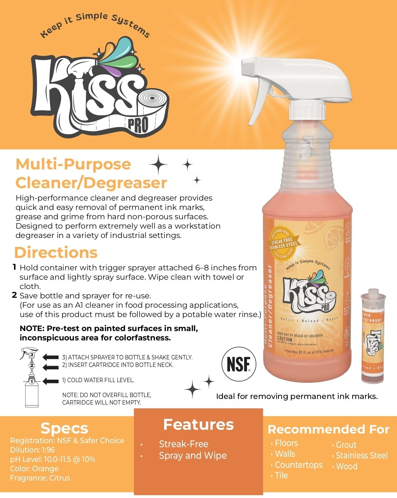 KISS Pro Multi-Purpose Cleaner & Degreaser 10ml Cartridges (2 Pack) - 64oz Total