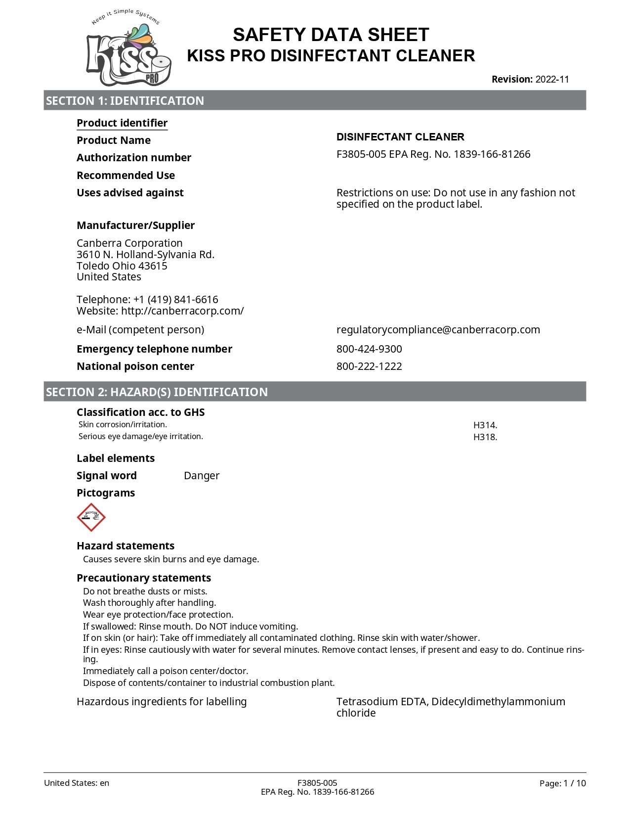 Kiss Pro Hospital-Grade Cleaner Disinfectant - 10ml Cartridges (2 Pack) - 64oz Total