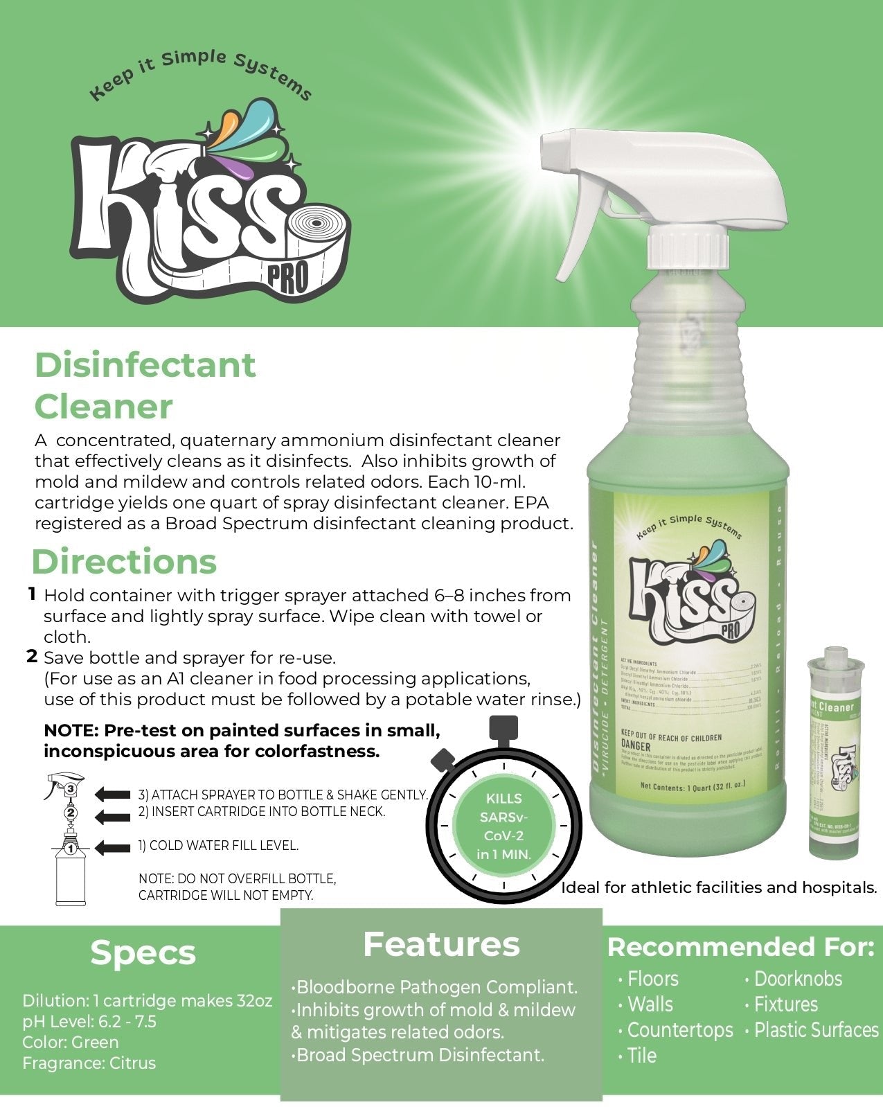 Kiss Pro Hospital-Grade Cleaner Disinfectant - 10ml Cartridges (2 Pack) - 64oz Total
