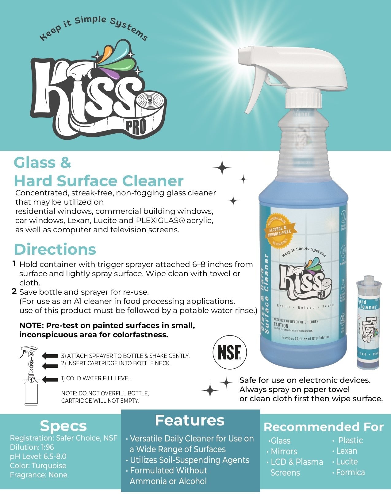 KISS Pro Glass and Hard Surface Cleaner 10ml Cartridges (2 Pack) - 64oz Total